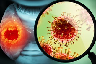 Magnifying glass over a virus close-up next to an infected ear.