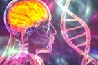 Transparent human silhouette highlighting brain and DNA chain on colorful background.