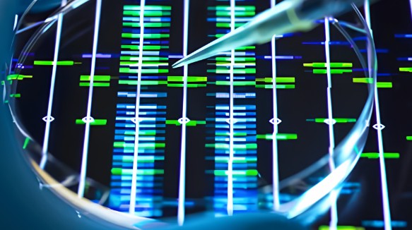 DNA molecule close-up with double helix, horizontal rungs, and green/blue markers on circular nucleotide units.