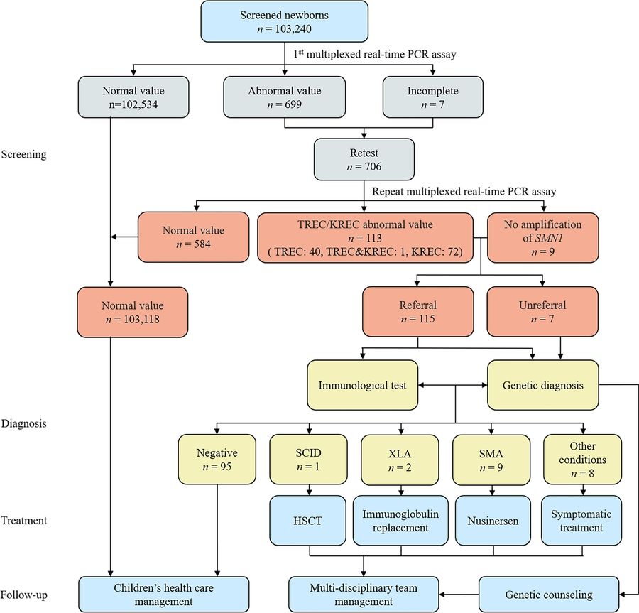 Comprehensive newborn screening for severe combined immunodeficiency, X-linked agammaglobulinemia (XLA), and spinal muscular atrophy.